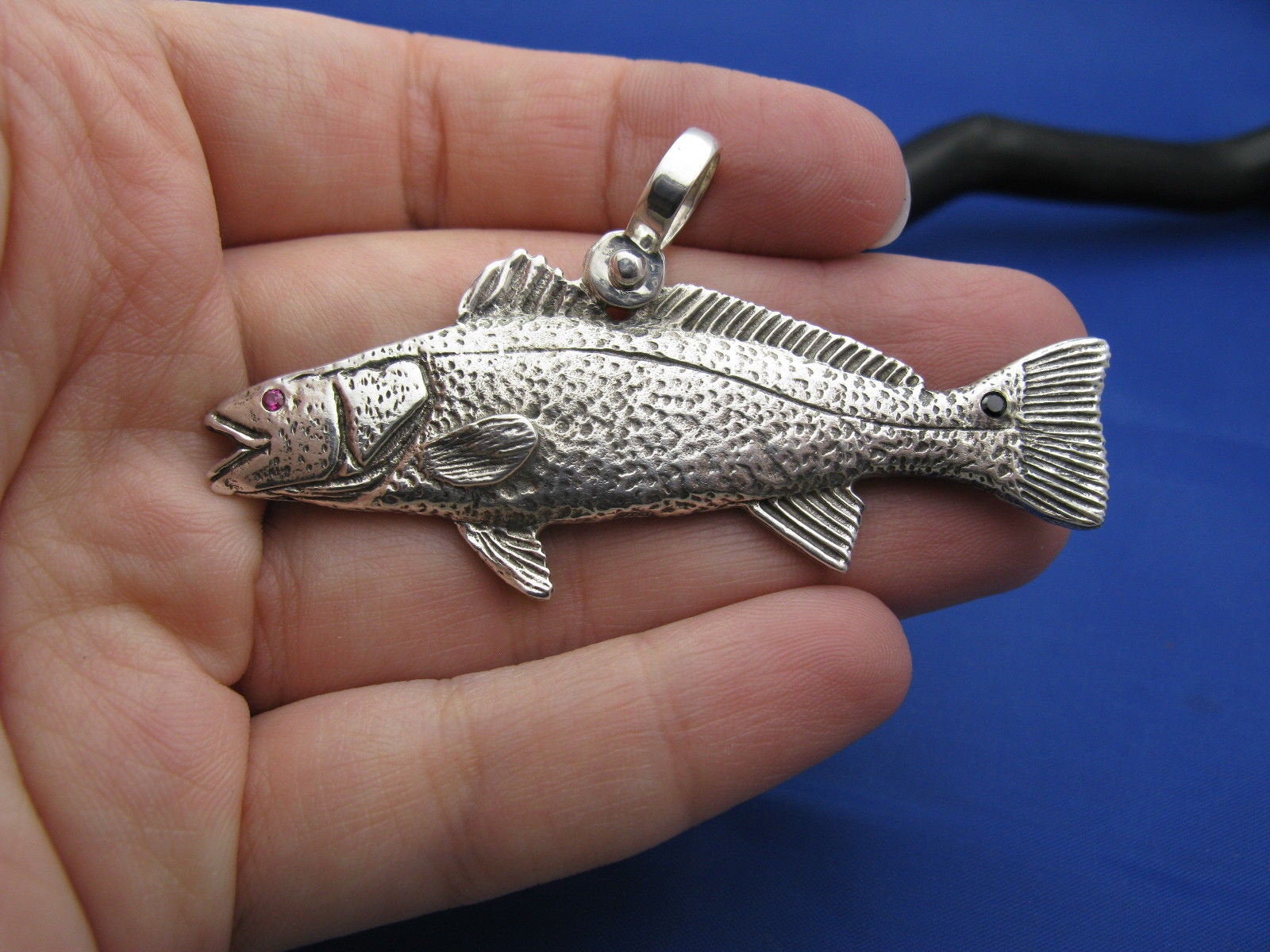 Sterling Silver Large Double Sided Red Fish Pendant with Ruby Eyes