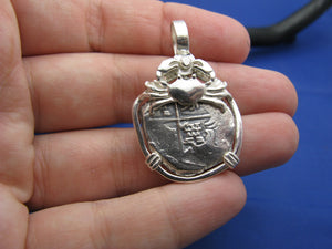 Sterling Silver Hand Bezeled "2 Reale" Shipwreck Reproduction Coin Pendant with Faded Markings and Crab