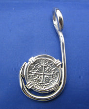 Load image into Gallery viewer, Sterling Silver Atocha Shipwreck Coin Replica inside Custom Sterling Silver Fish Hook Pendant Bezel
