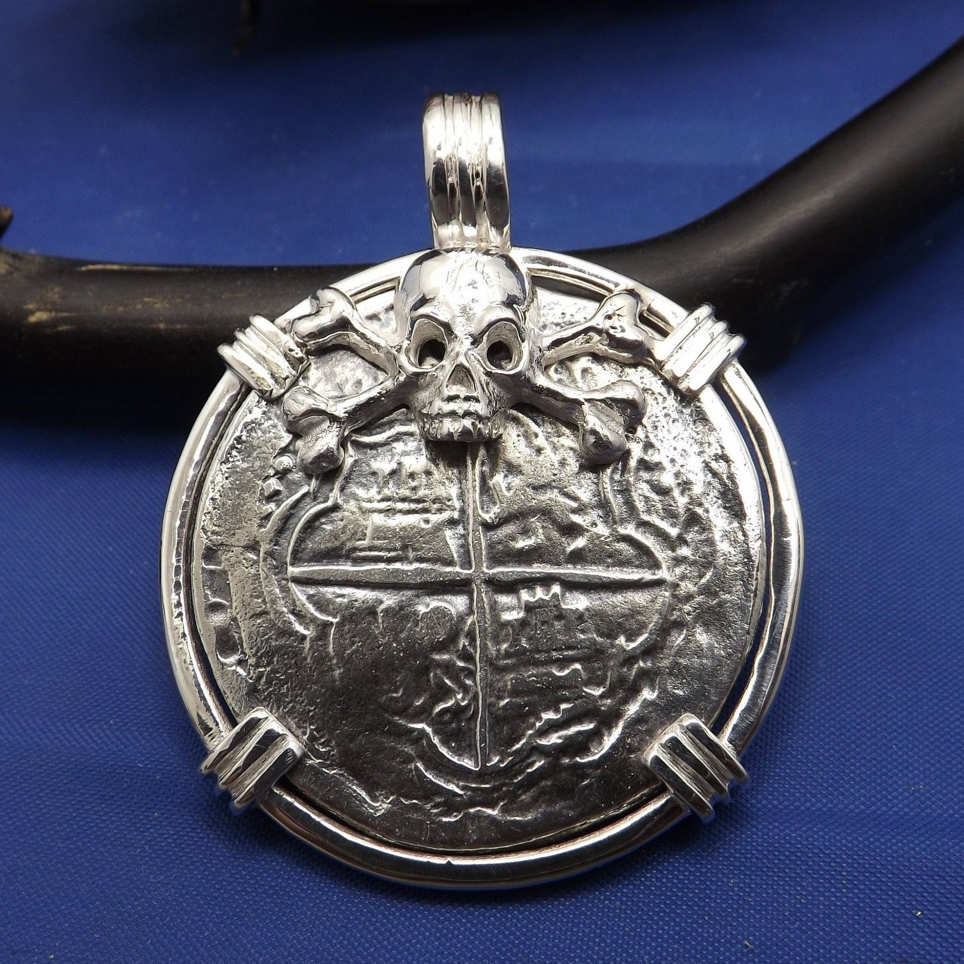 Extra Large Sterling Silver Piece of Eight With Skull Bezel and Barrel Bail