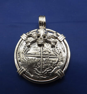 Extra Large Sterling Silver Piece of Eight With Skull Bezel and Barrel Bail