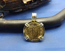 Load image into Gallery viewer, Small &quot;1 Escudo&quot; Quality Reproduction  24kt Solid Gold Atocha Shipwreck Coin inside 14k Yellow Gold  Bezel with Barrel Bail Nautical Pendant
