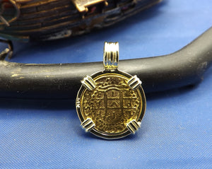 Small "1 Escudo" Quality Reproduction  24kt Solid Gold Atocha Shipwreck Coin inside 14k Yellow Gold  Bezel with Barrel Bail Nautical Pendant
