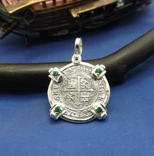 Load image into Gallery viewer, Sterling Silver 2 Reale Replica Atocha Shipwreck Pirate Coin Pendant with Emeralds

