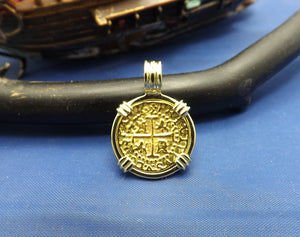 Small "1 Escudo" Quality Reproduction  24kt Solid Gold Atocha Shipwreck Coin inside 14k Yellow Gold  Bezel with Barrel Bail Nautical Pendant