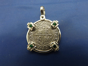 Sterling Silver 2 Reale Replica Atocha Shipwreck Pirate Coin Pendant with Emeralds
