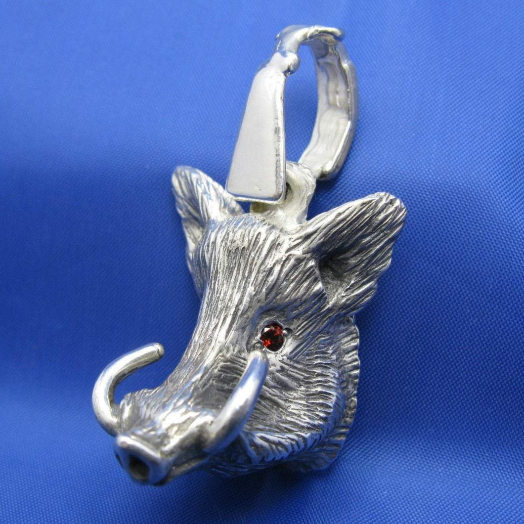 Large Sterling Silver Hog Head Pendant with Rifle Bail and Red Gemstone Eyes