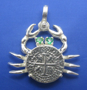Sterling Silver Pirate Coin Replica Inside Custom Crab Bezel with Gemstone Eyes and Shackle Bail