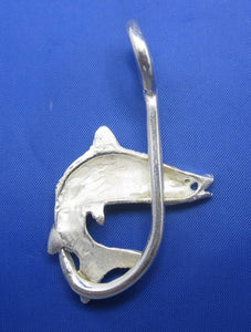 Large Unique Sterling Silver Curved Snook with Ruby Eye and Fish Hook Pendant