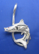 Load image into Gallery viewer, Large Unique Sterling Silver Curved Snook with Ruby Eye and Fish Hook Pendant
