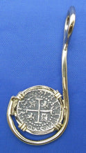 Load image into Gallery viewer, 14k Gold Fish Hook Pendant with Small Shipwreck Coin Replica
