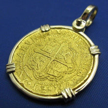 Load image into Gallery viewer, Solid 24k Gold Escudo Atocha Shipwreck Replica Pirate Pendant in Custom 14k Gold Bezel
