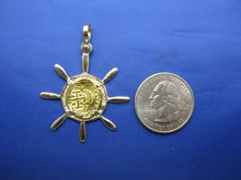 Load image into Gallery viewer, 24k Escudo Shipwreck Coin Replica in Custom 14k Nautical Ship Wheel Bezel

