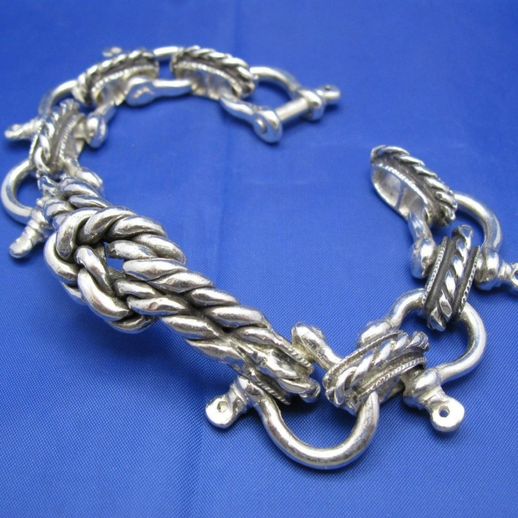 Sterling Silver Large 20mm Shackle Bracelet with Sailor's Rope Knot and Camouflaged Latch