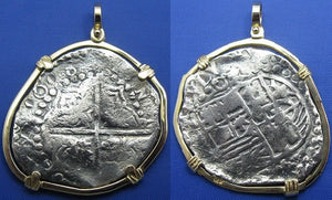 Large Piece of 8 Pirate Coin Replica with 14k Gold Bezel and Shackle Bail