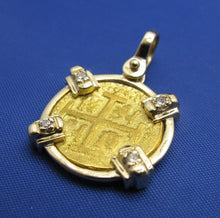 Load image into Gallery viewer, Solid 24k Gold Escudo Reproduction in Custom 14k Genuine Diamond Bezel Pendant
