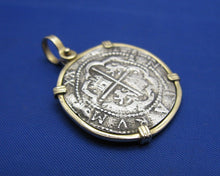 Load image into Gallery viewer, Pirate Pieces of 8 Reproduction Coin Cob Doubloon in 14k Solid Yellow Gold Bezel Nautical Pendant
