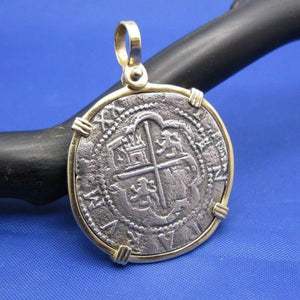 Pirate Pieces of 8 Reproduction Coin Cob Doubloon in 14k Solid Yellow Gold Bezel Nautical Pendant