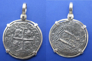 Sterling Silver Pirate Doubloon "2 Reale" Shipwreck Coin Pendant Replica with Shackle Bail 1.5" x 1"