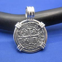 Load image into Gallery viewer, Small Sterling Silver Pirate Coin Replica Treasure Shipwreck Coin with Custom Barrel Bail Pendant Bezel

