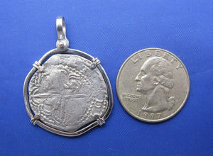 Sterling Silver Spanish "2 Reale" Atocha Treasure Replica Coin Pendant with Shackle Bail 1.5" x 1.2"