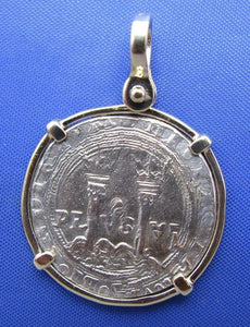 Reproduction Sterling Silver Colonial New World Charles and Joanna Coin inside Solid 14k Handmade Yellow Gold Bezel