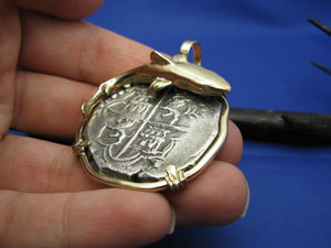 Very Large Men's 8 Reale Piece of 8 Colonial Shipwreck Atocha Coin Replica with Custom Solid 14k Bezel Pendant Featuring Great White Shark
