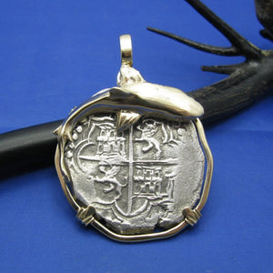 Very Large Men's 8 Reale Piece of 8 Colonial Shipwreck Atocha Coin Replica with Custom Solid 14k Bezel Pendant Featuring Great White Shark