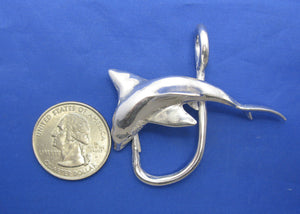 Large Sized Unique 3-D Sterling Silver Great White Shark with Fish Hook Pendant