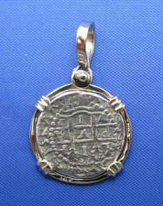 Small 1 Reale Atocha Shipwreck Pirate Coin Treasure Cobb Reproduction inside 14k Solid WHITE Gold Bezel Pendant