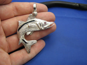 Large Sterling Silver Curved Snook Pendant with Genuine Ruby Gemstone