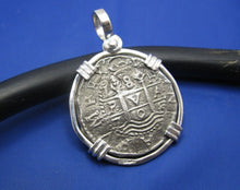 Load image into Gallery viewer, Large Sterling Silver Replica Pirate Coin Piece of Eight &quot;4 Reale&quot; Doubloon Pendant 1.75&quot; x 1.25&quot;
