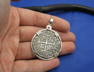 Large Sterling Silver Replica Pirate Coin Piece of Eight "4 Reale" Doubloon Pendant 1.75" x 1.25"