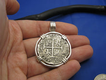 Load image into Gallery viewer, Large Sterling Silver Replica Pirate Coin Piece of Eight &quot;4 Reale&quot; Barrel Bail Pendant 1.75&quot; x 1.25&quot;
