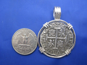 Large Sterling Silver Replica Pirate Coin Piece of Eight "4 Reale" Barrel Bail Pendant 1.75" x 1.25"