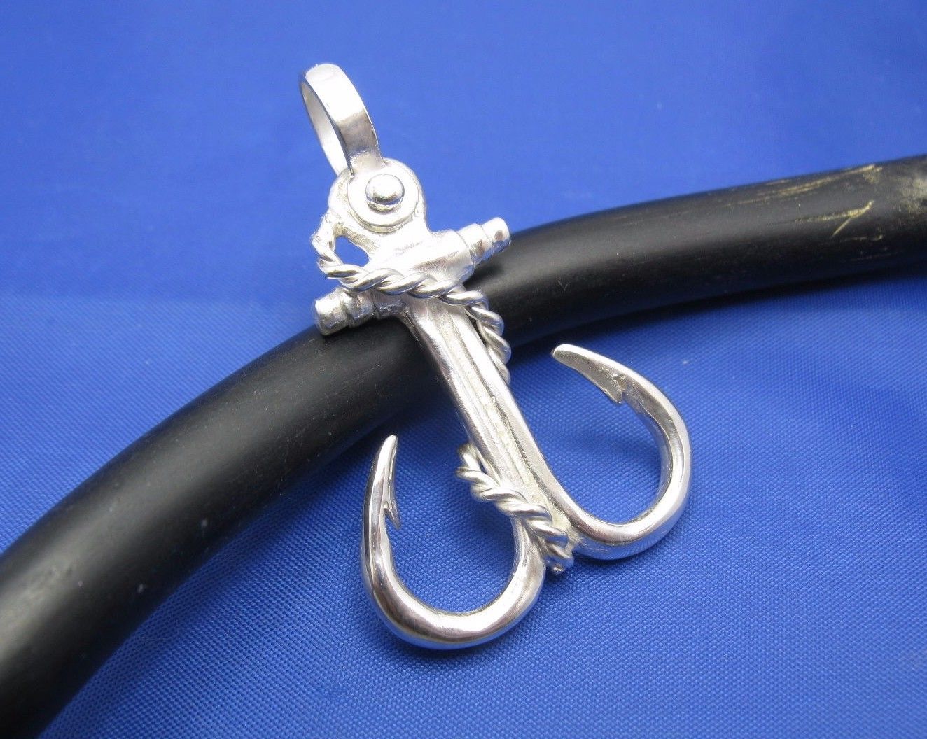 Large Sterling Silver Nautical Double Fish Hook Shaped Anchor Pendant