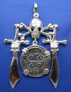 '1 Reale' Pirate Treasure Coin with Skull and Swords Pendant