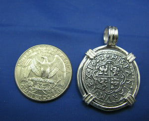 Sterling 2 Reale Atocha Pirate Shipwreck Replica Coin Pendant Necklace Jewelry